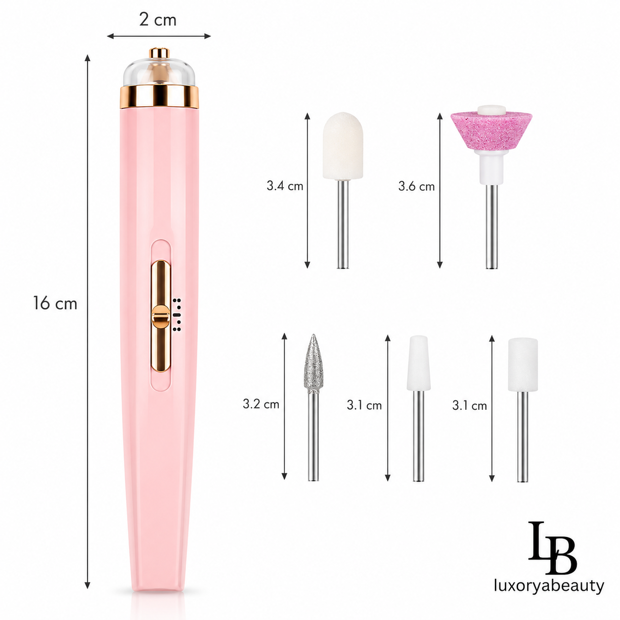 Freza Electrică pentru Unghii Profesională – Manichiură și Pedichiură, 5 Capete, Lumină LED, Încărcare USB, Portabilă | LuxoryaBeauty