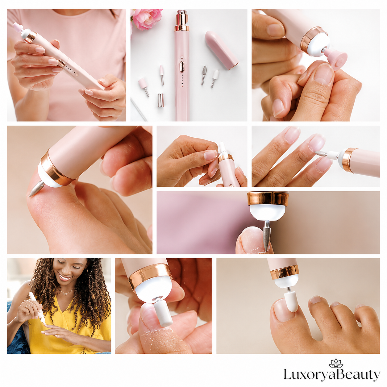 Freza Electrică pentru Unghii Profesională – Manichiură și Pedichiură, 5 Capete, Lumină LED, Încărcare USB, Portabilă | LuxoryaBeauty