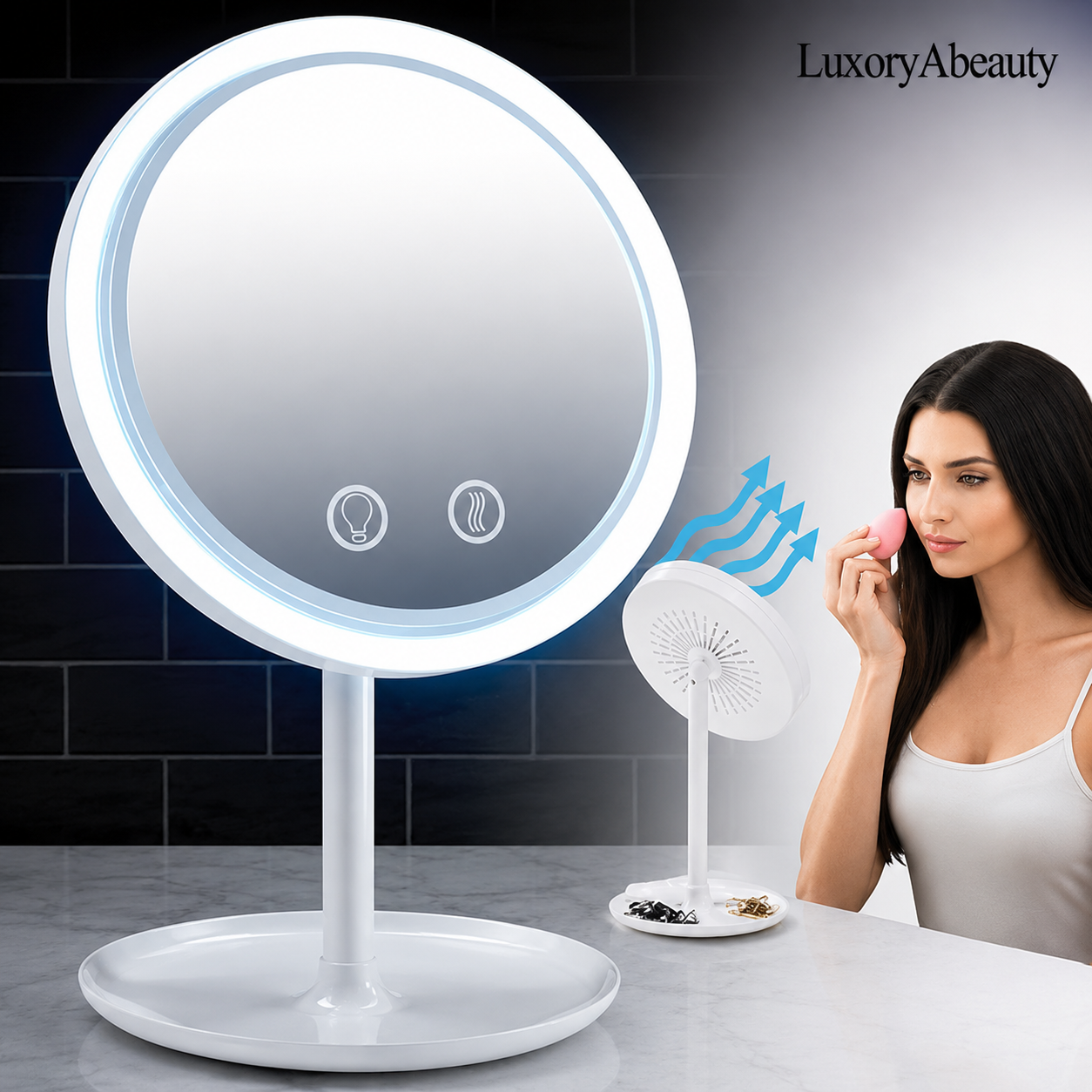 Oglindă LED cu Ventilator, Funcție Touch și Zoom 5X - Înclinare 180°, Alimentare Duală USB și Baterii AA, Dimensiuni 33,5x20x17 cm, Alb