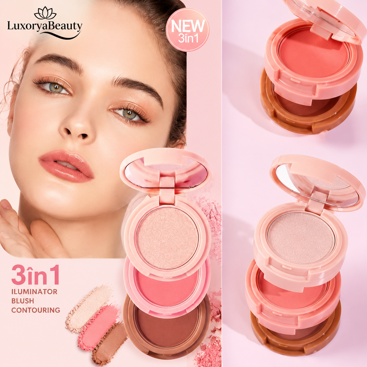 Paletă Iluminator, Blush și Contouring, 03 Handaiyan 3 în 1 Palette H3013 – Culori Mixte, Finish Natural și Luminos Culori Mixte, Finish Natural și Luminos