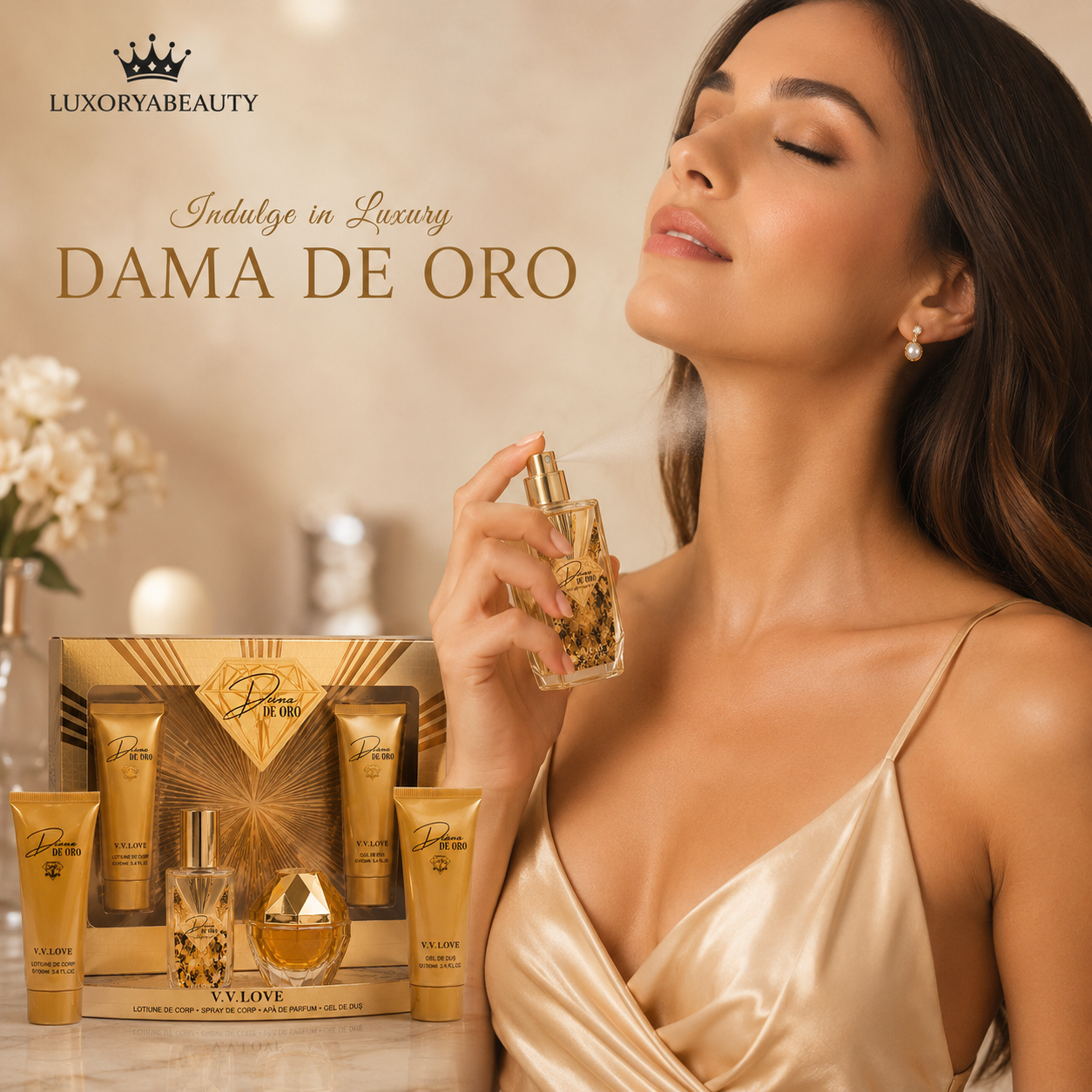 Set Cadou Dama De Oro 4 Piese Luxury – Parfum, Body Mist, Body Lotion și Shower Gel