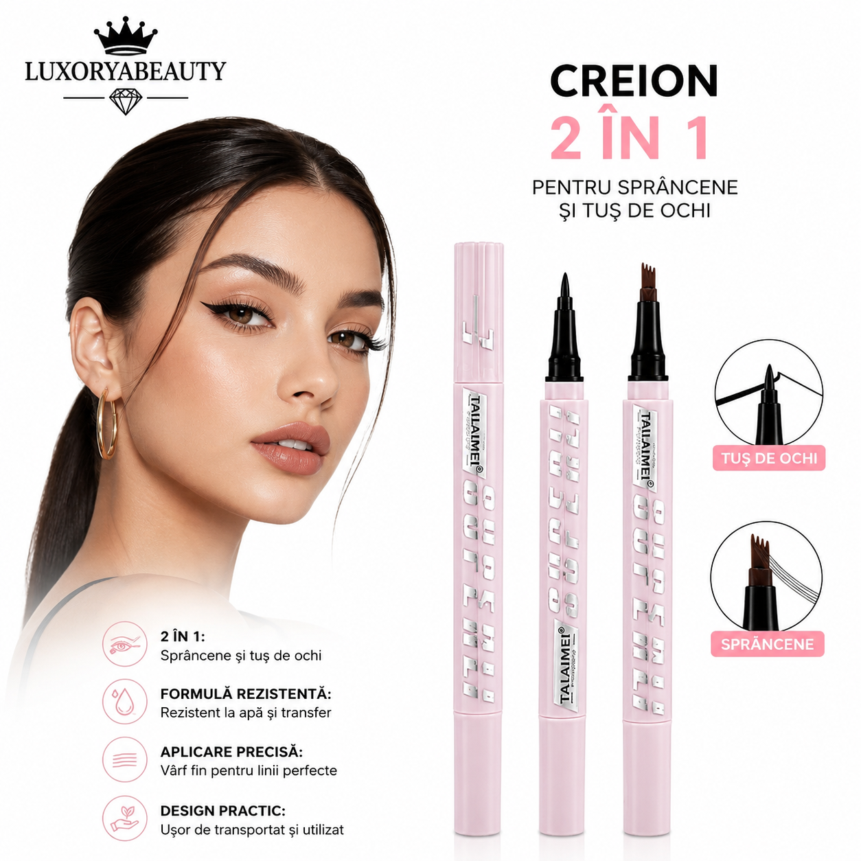 Cariocă Sprâncene Tip Fire de Păr și Tuș Eyeliner 2 în 1 TLM-E145 Waterproof – Definire Naturală și Precizie Profesională