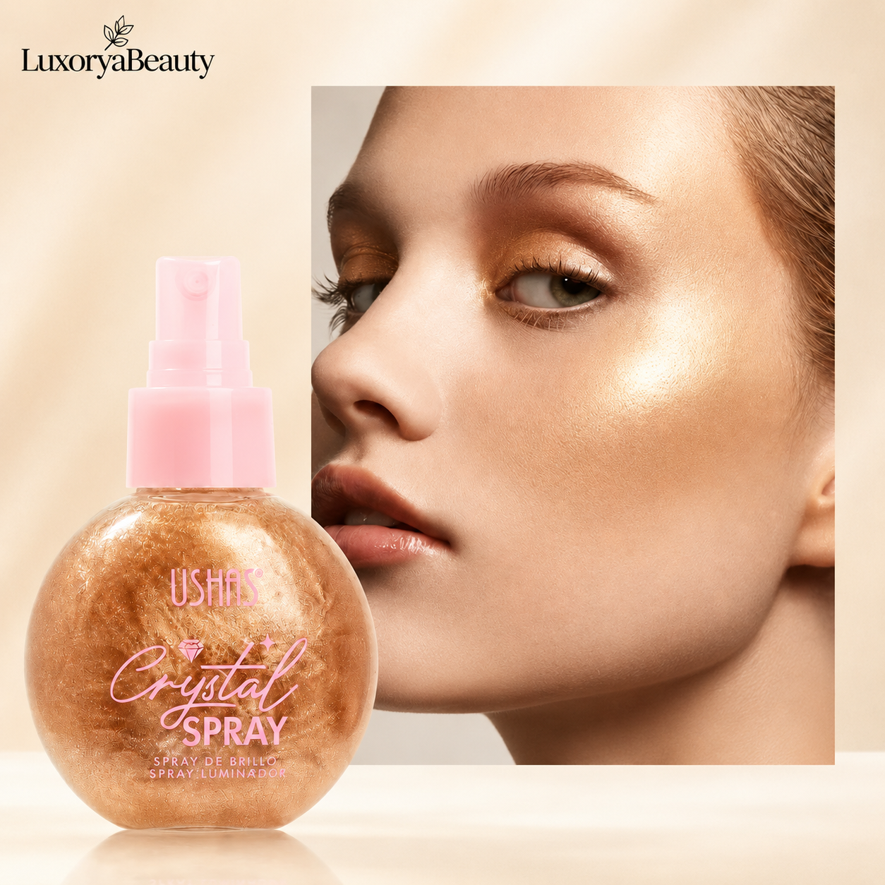 Set 2 Iluminatoare pentru Față și Corp USHAS Crystal Spray + Parfum Cadou 35 ml – Efect Strălucitor, Finish Luminos