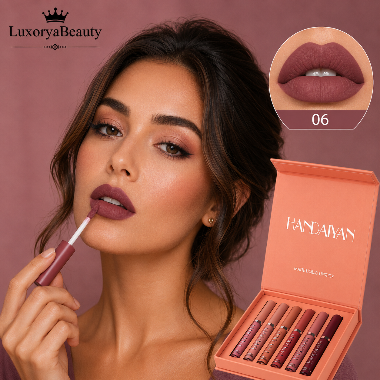Set Rujuri Lichide Mate Handaiyan 1011B – SET B, 6 Nuanțe Nude & Rose, Rezistente la Transfer