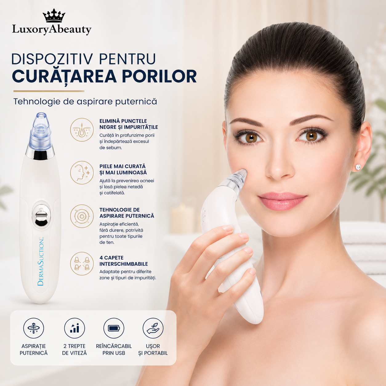 Aspirator Facial Derma Suction - 4 Capete de Curățare, Accesoriu Sonic Peeling și 2 Trepte de Aspirație: Ten Perfect, Fără Puncte Negre și Sebum