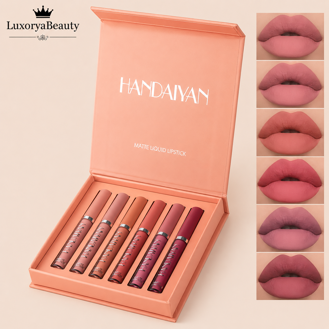 Set Rujuri Lichide Mate Handaiyan 1011B – SET B, 6 Nuanțe Nude & Rose, Rezistente la Transfer