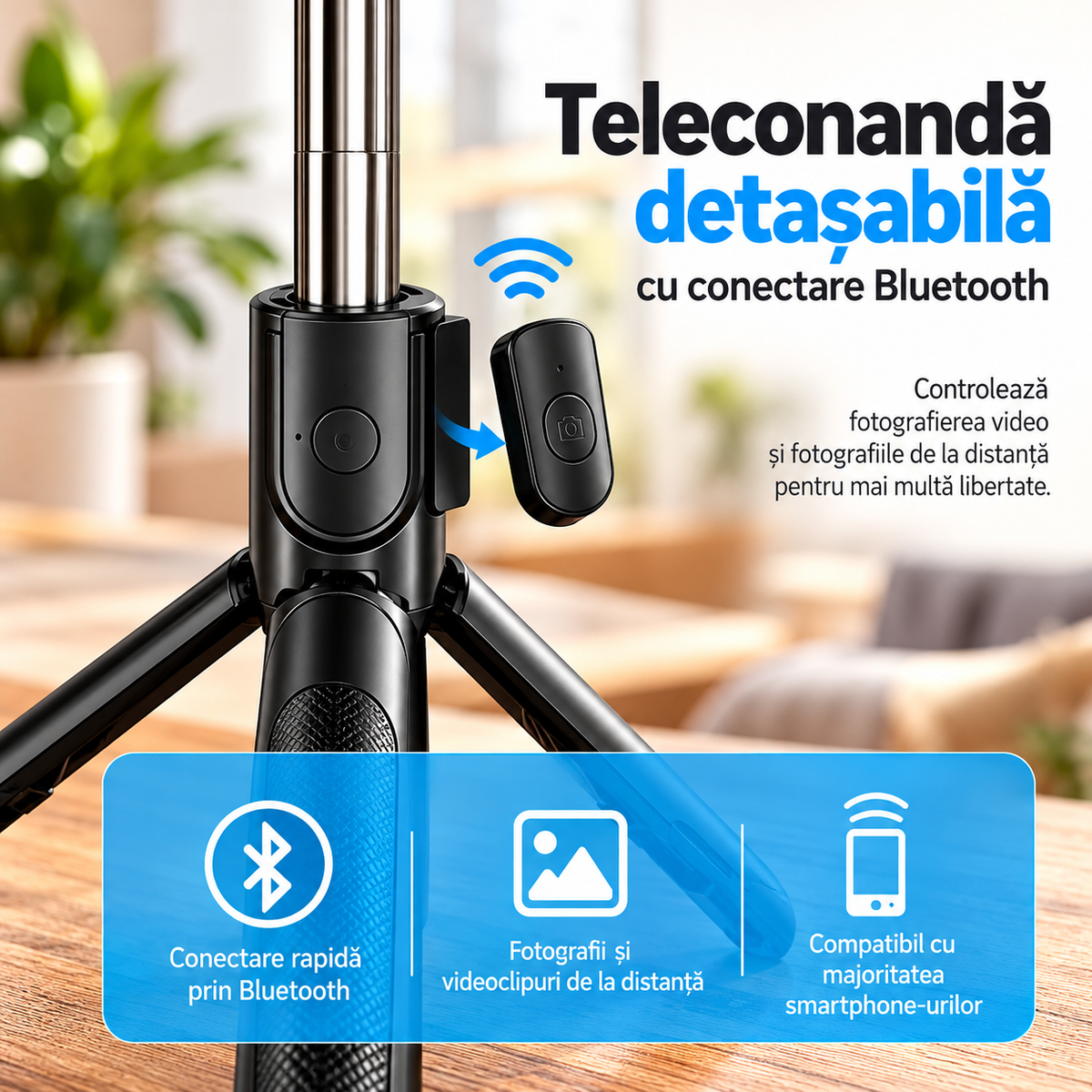 Selfie stick Bluetooth cu trepied si LED,  extensibil 100 cm, Negru