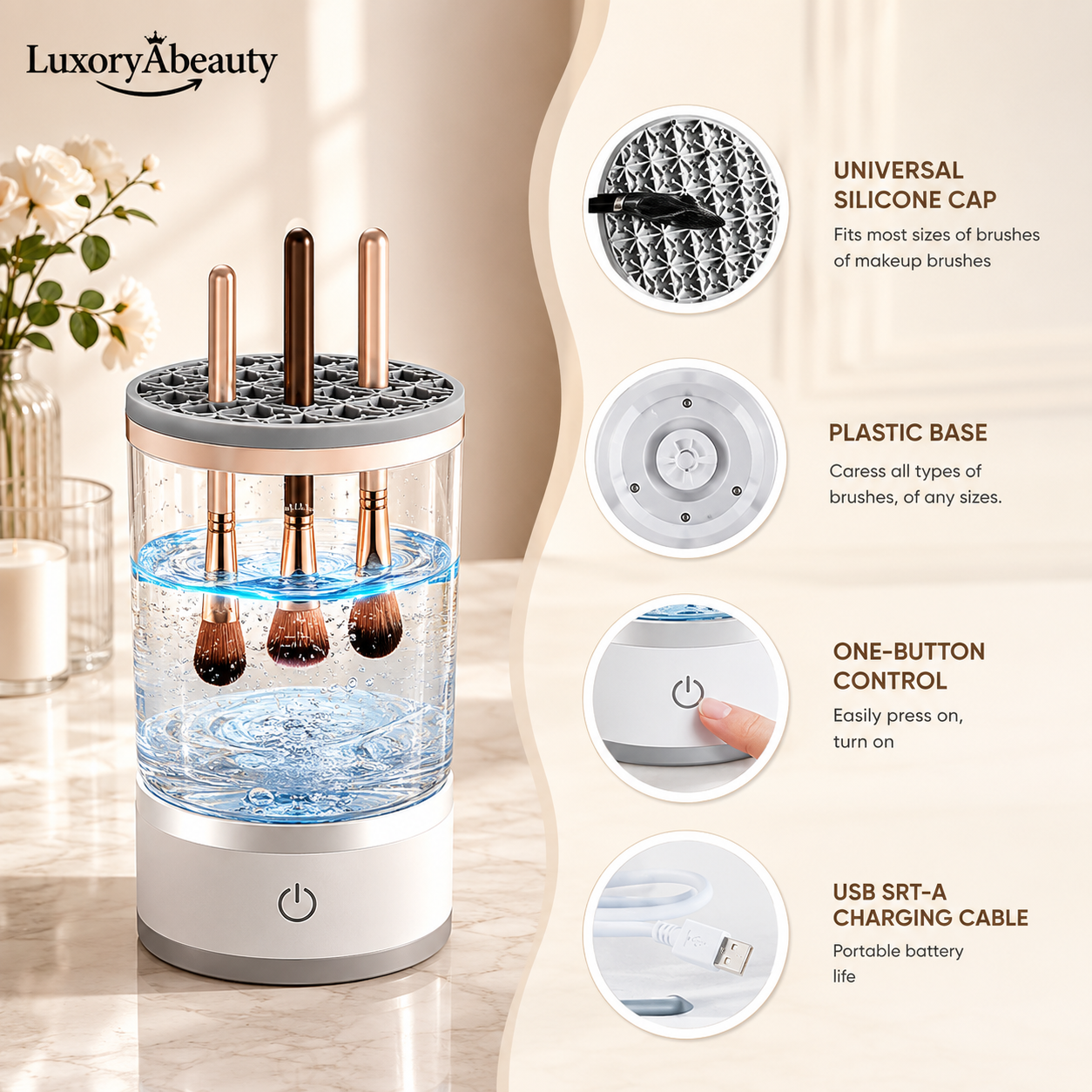 Aparat Electric pentru Curățat Pensule de Machiaj - Sistem Rotativ 2-în-1 (Spălare și Uscare), Compatibilitate Universală, 8 Gulere Reglabile și Bol Inclus