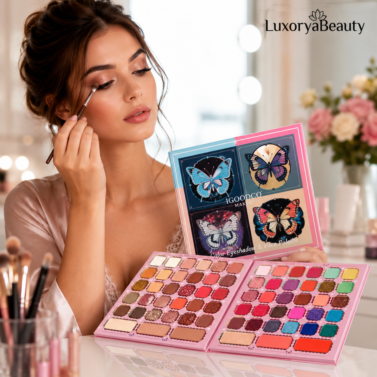 Paletă Farduri Ochi și Față IGOODCO Butterfly Edition IG3097 – 60 Farduri + 3 Blush-uri + 3 Iluminatoare