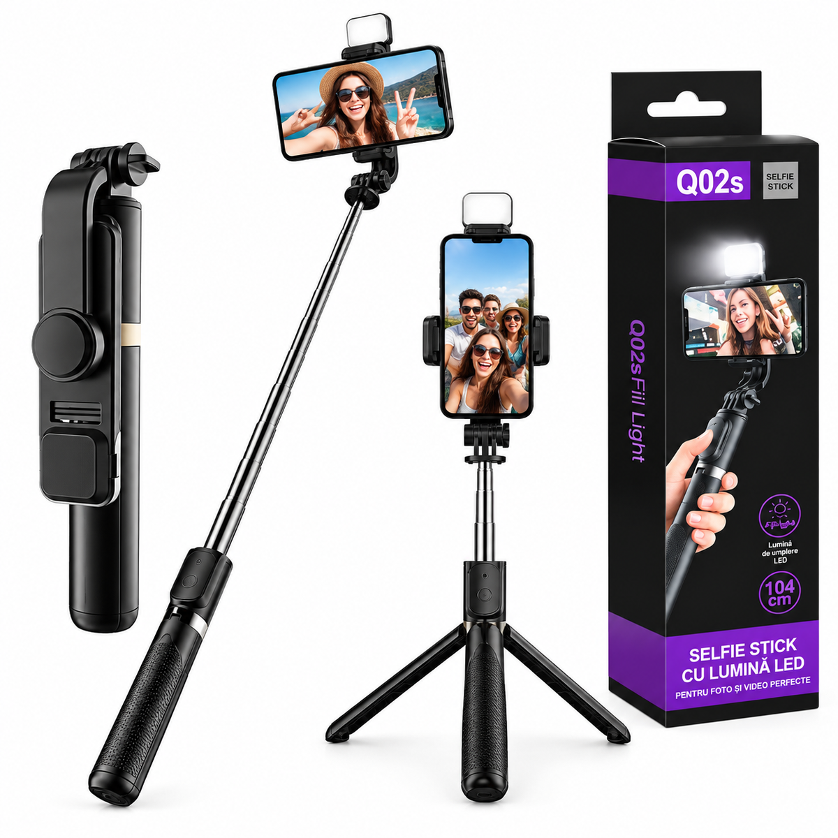Selfie stick Bluetooth cu trepied si LED,  extensibil 100 cm, Negru