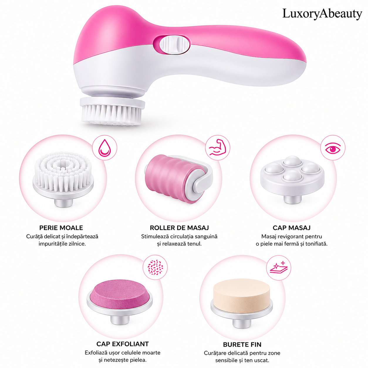 Perie Electrică pentru Curățare Ten - 5 Capete Interschimbabile, Sistem de Exfoliere, Masaj Facial și Tonifiere, Design Ergonomic