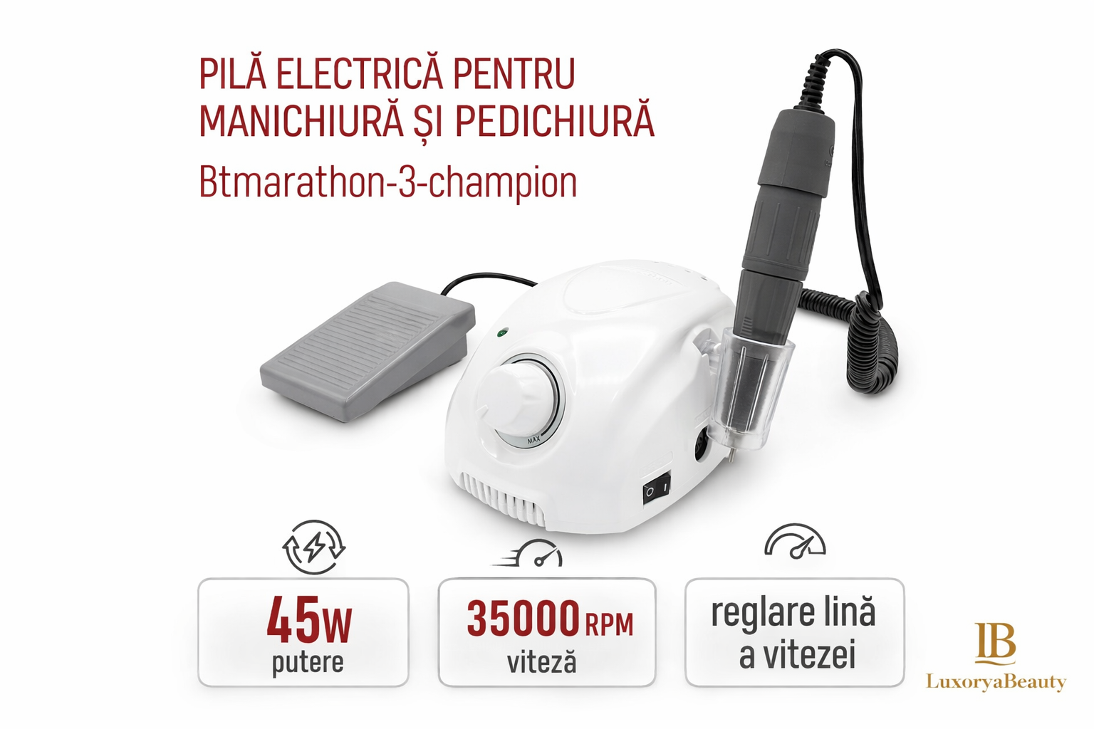 Freza electrică unghii profesională 45W 35000 RPM BtMarathon 3 Champion – freză manichiură pedichiură cu pedală