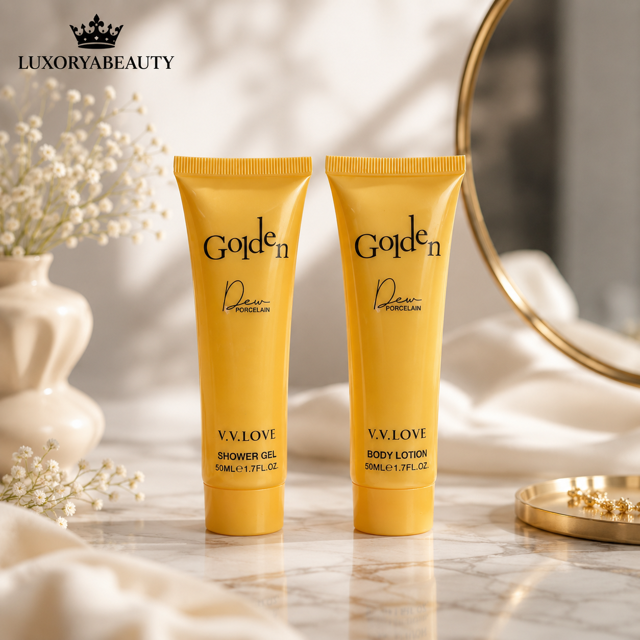 Set parfum femei Golden Dew Porcelain  cu parfum 30 ml, body mist 30 ml, loțiune de corp 50 ml și gel de duș 50 ml.