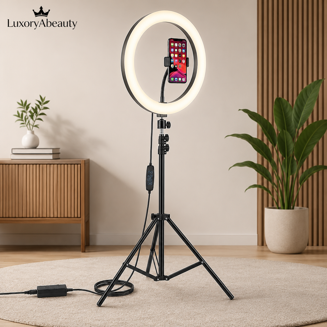 Lampa Circulară Ring Light DLUX - Diametru 33 cm, Trepied Profesional Reglabil până la 2.1 m, Suport Telefon Universal și 3 Moduri de Lumină: Iluminare Profesională pentru Machiaj, Foto-Video și Live