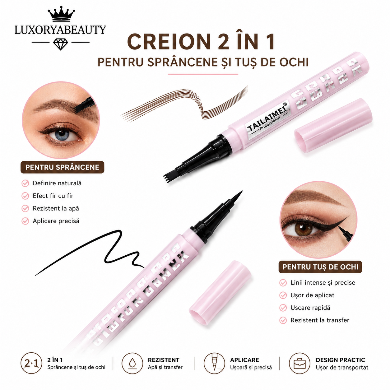 Cariocă Sprâncene Tip Fire de Păr și Tuș Eyeliner 2 în 1 TLM-E145 Waterproof – Definire Naturală și Precizie Profesională