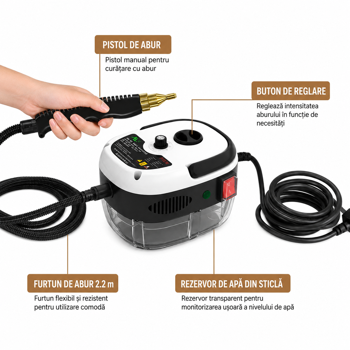 Aparat Portabil de Curățat cu Abur 2500W – 6 Trepte, 105°C, Accesorii Multiple